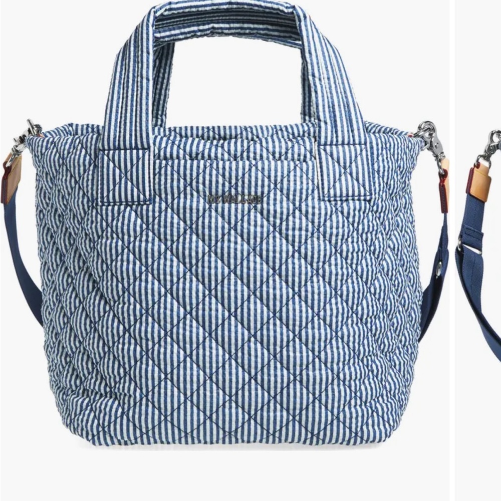MZ Wallace Seersucker Navy and White Quilted Tote